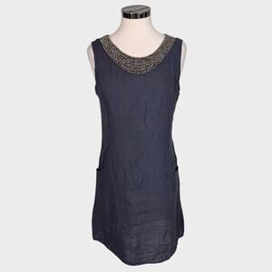 Lina Tomei Made in Italy Medium Navy Blue Dress Sleeveless 100% Linen Pockets